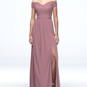 Off-the-Shoulder Lace and Mesh Bridesmaid Dress